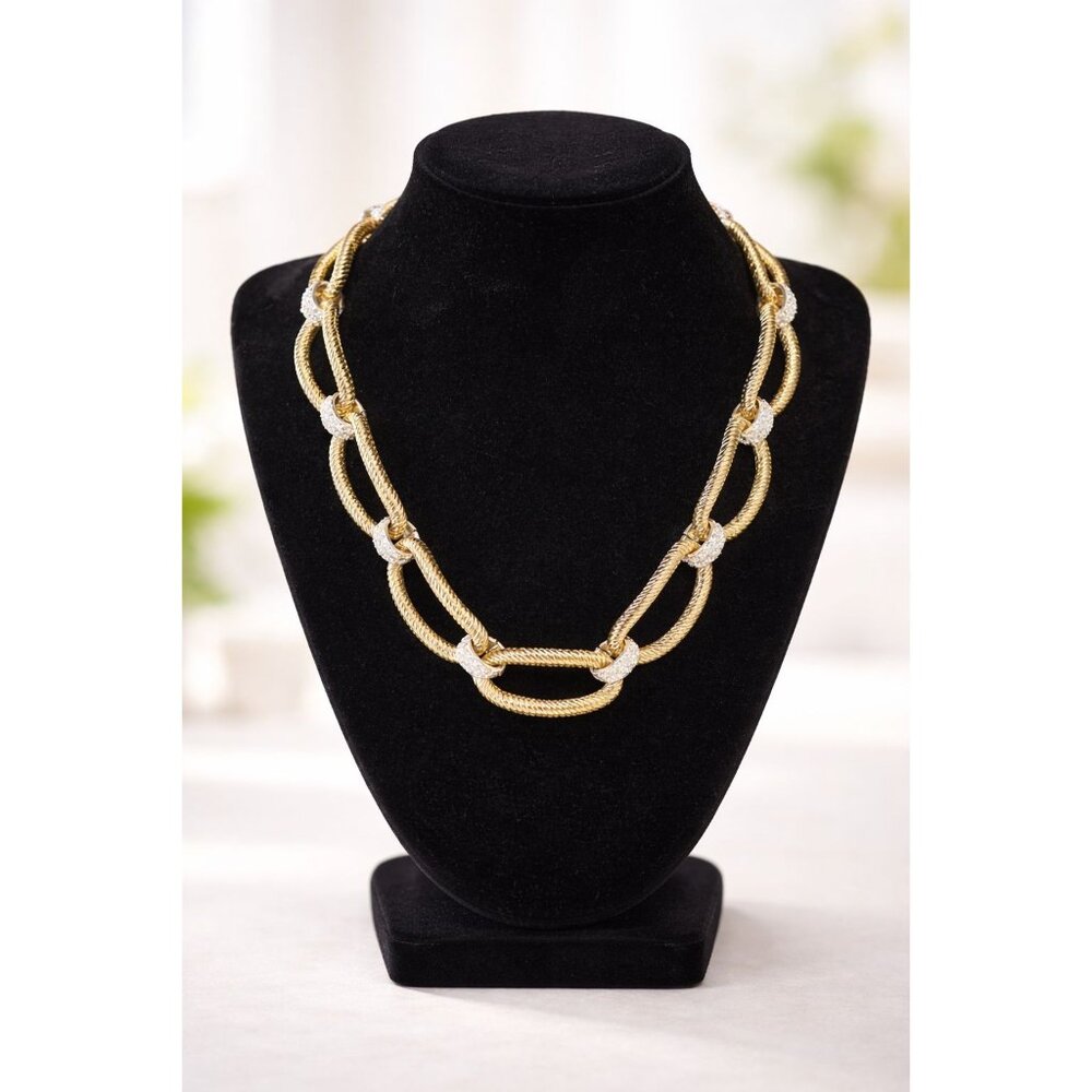 Gold Silver Two Tone Oval Link Necklace With Toggle Clasp & Rhinestone Accents